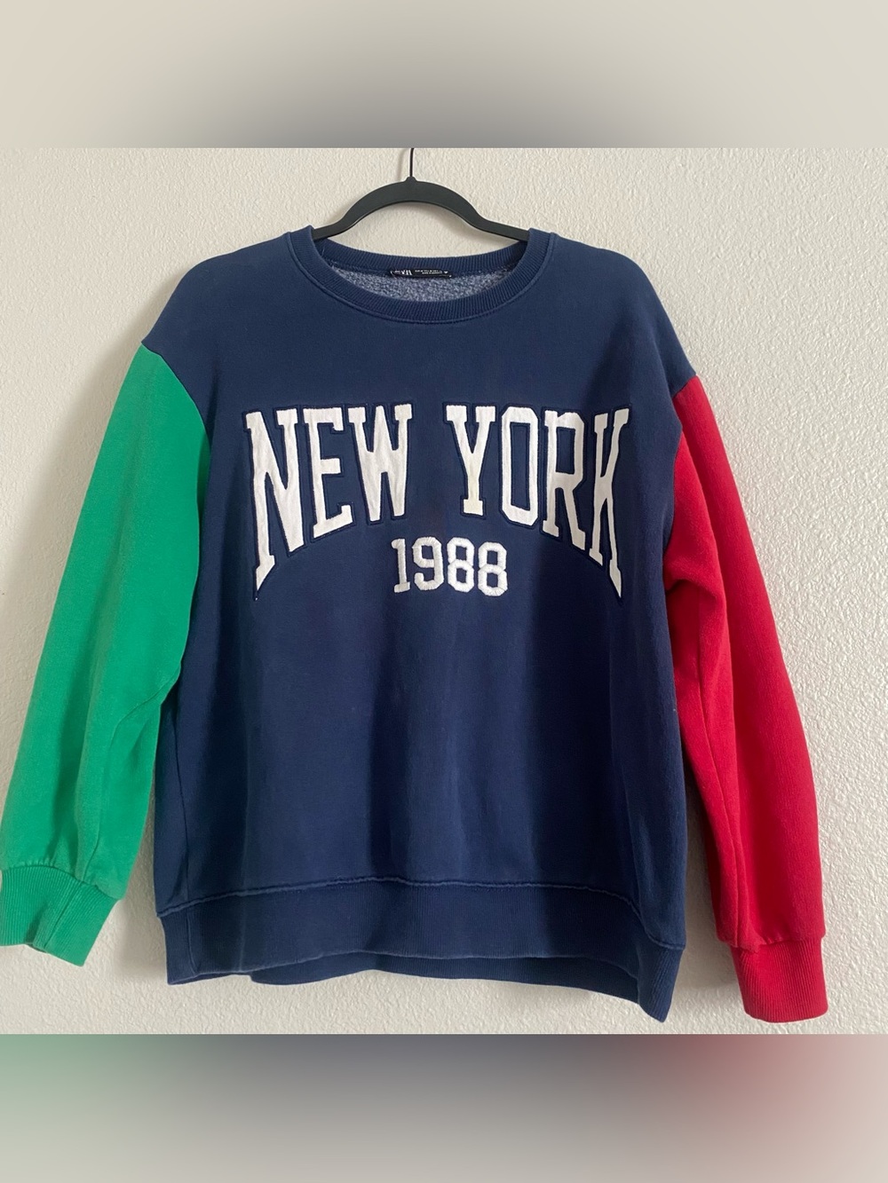 Zara Navy Colorblock Crewneck Sweatshirt with Green & Red Sleeves